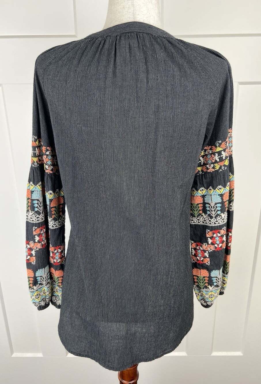 Sundance XS Embroidered Blouse Black Stripe Boho Tassel Balloons Sleeve Cotton - Picture 6 of 10
